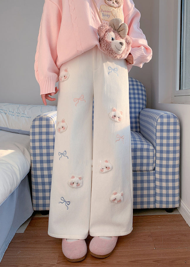 White Cat Decorated Embroidered Warm Fleece Pants Winter