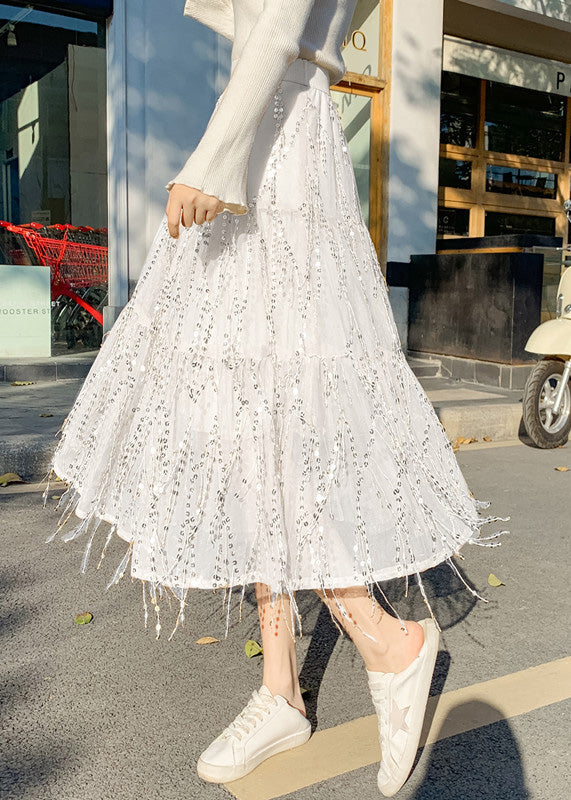 White High Waist Tassel Tulle a Line Skirts Spring