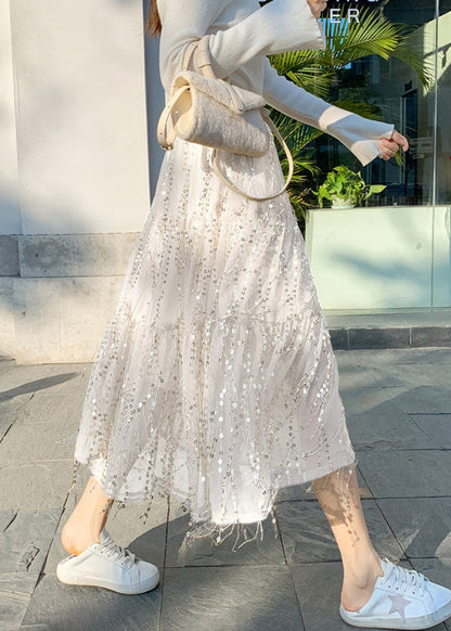 White High Waist Tassel Tulle a Line Skirts Spring
