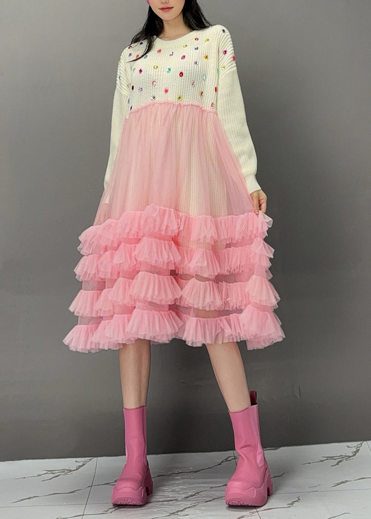 White O-neck Sequins Knit Patchwork Tulle Maxi Cake Dress Spring