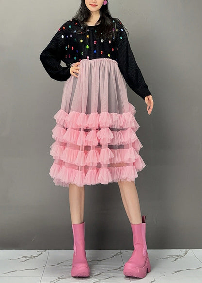 White O-neck Sequins Knit Patchwork Tulle Maxi Cake Dress Spring