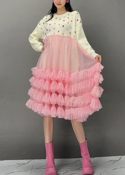 White O-neck Sequins Knit Patchwork Tulle Maxi Cake Dress Spring