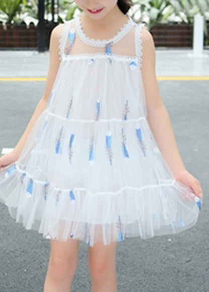 White O-neck Sequins Patchwork Tulle Mid Dress Summer