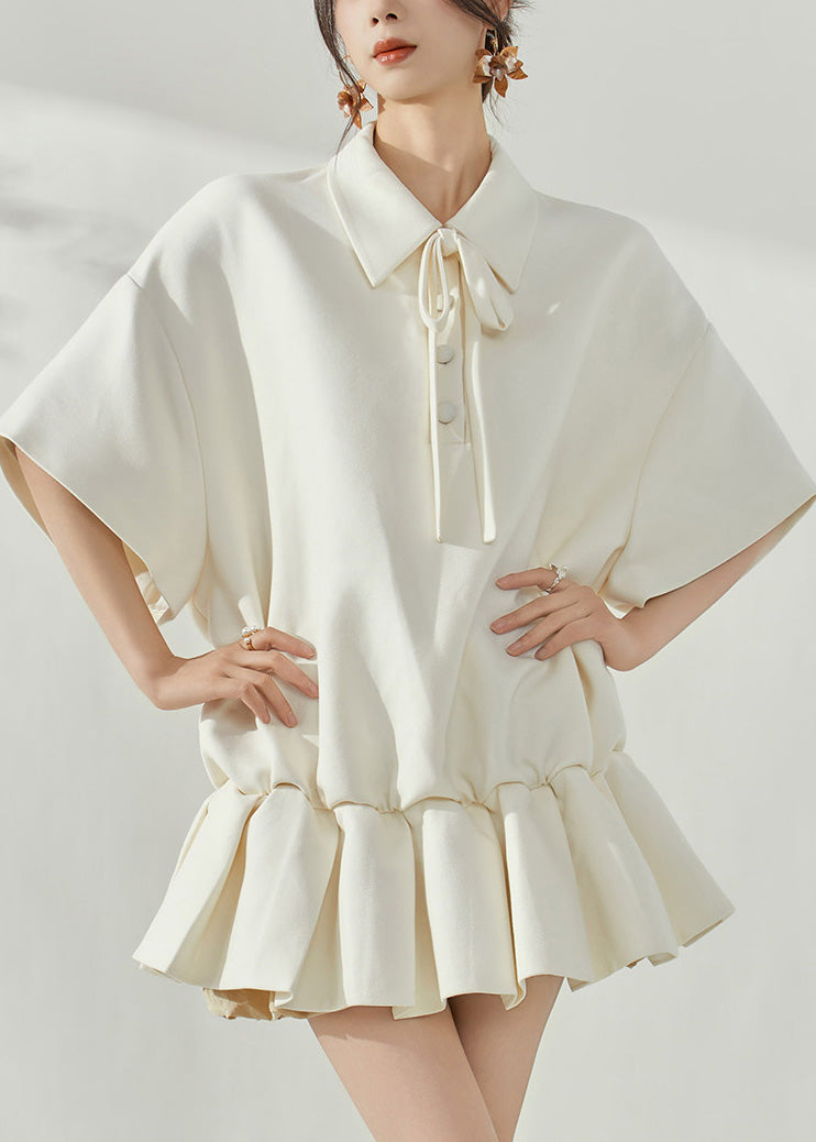 White Peter Pan Collar Tie Lace Mid Dresses Short Sleeve