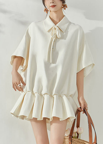 White Peter Pan Collar Tie Lace Mid Dresses Short Sleeve