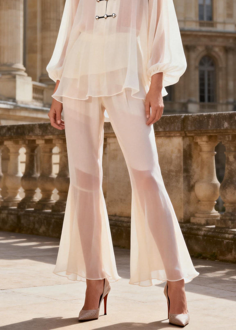 White Stand Collar Chiffon Shirts and Flared Trousers Two Pieces Set Lantern Sleeve