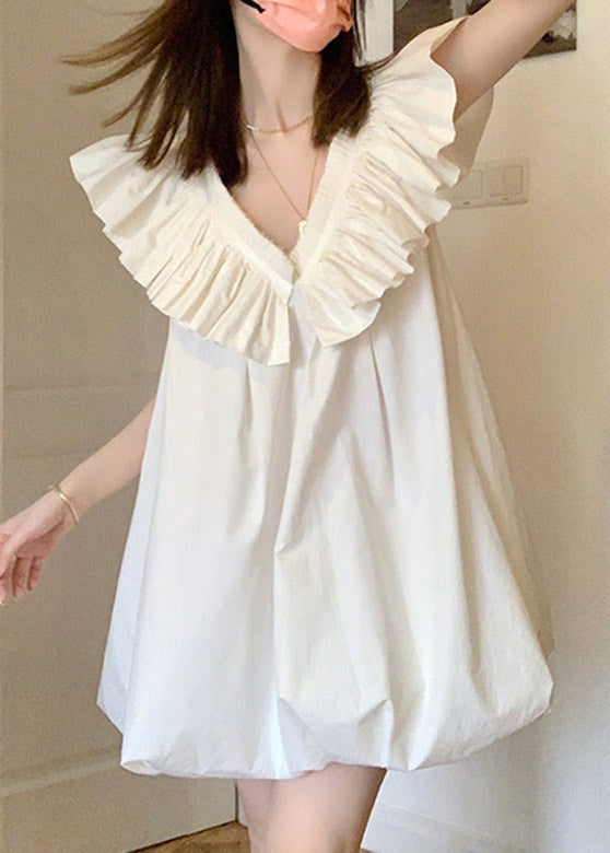 White V Neck Ruffled Mid Dress Short Sleeve