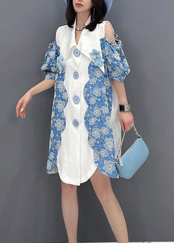 Blue Peter Pan Collar Print Button Shirts Mid Dress Sleeve