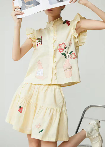 Yellow Embroidered Top and Skirts Two Pieces Set Sleeveless
