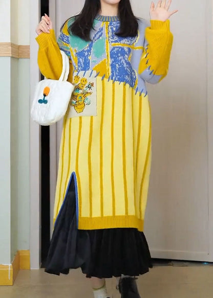 Yellow O-neck Striped Cotton Knit Maxi Dress Long Sleeve