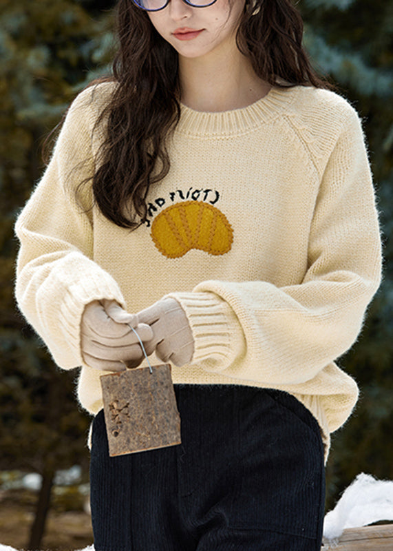 Yellow Print Thick Cotton Knit Sweaters Long Sleeve