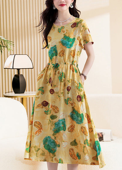 Yellow Print Tie Waist Maxi Dresses Short Sleeve
