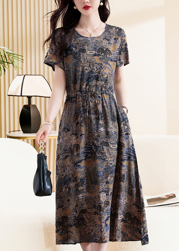 Yellow Print Tie Waist Maxi Dresses Short Sleeve