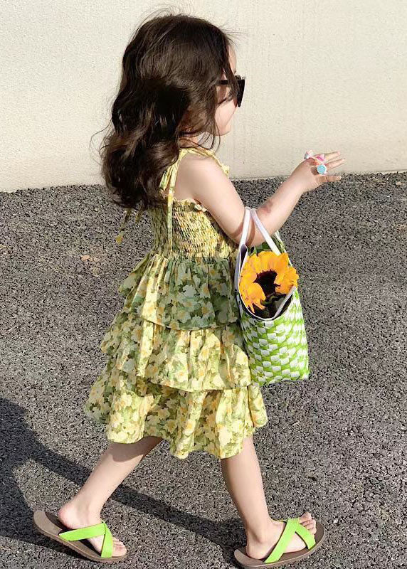 Yellow Print Wrinkled Patchwork Chiffon Baby Sundress Summer