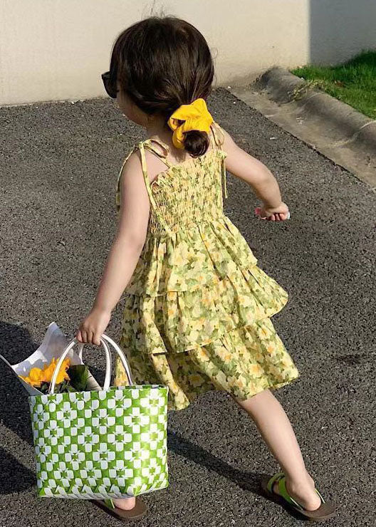 Yellow Print Wrinkled Patchwork Chiffon Baby Sundress Summer