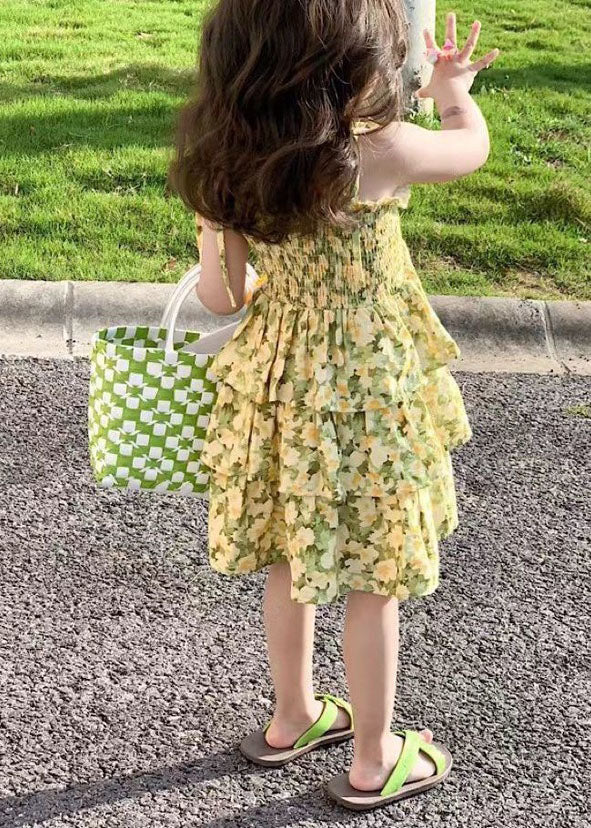 Yellow Print Wrinkled Patchwork Chiffon Baby Sundress Summer