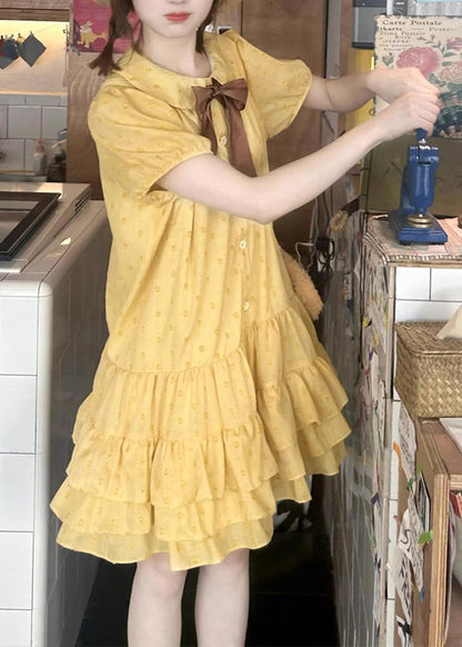 Yellow Ruffled Patchwork Cotton Mid Dresses Summer