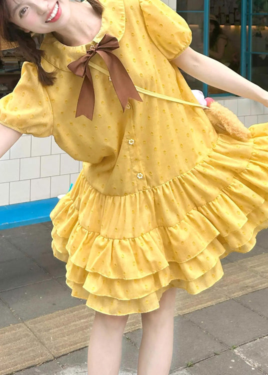 Yellow Ruffled Patchwork Cotton Mid Dresses Summer