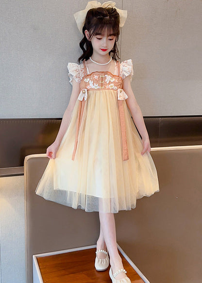 Yellow Slash Neck Embroideried Patchwork Tulle Kids Long Dress Summer