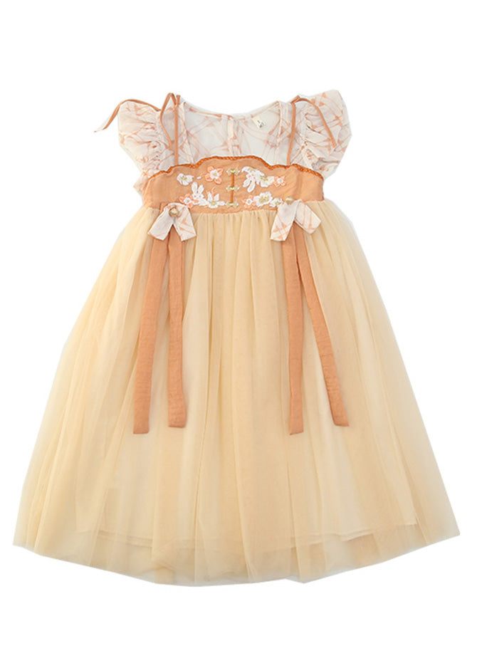 Yellow Slash Neck Embroideried Patchwork Tulle Kids Long Dress Summer