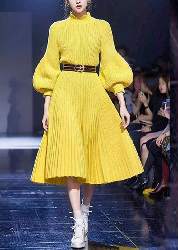 Yellow Tunic Cotton Knit Sweater Dress Lantern Sleeve