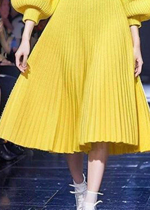 Yellow Tunic Cotton Knit Sweater Dress Lantern Sleeve