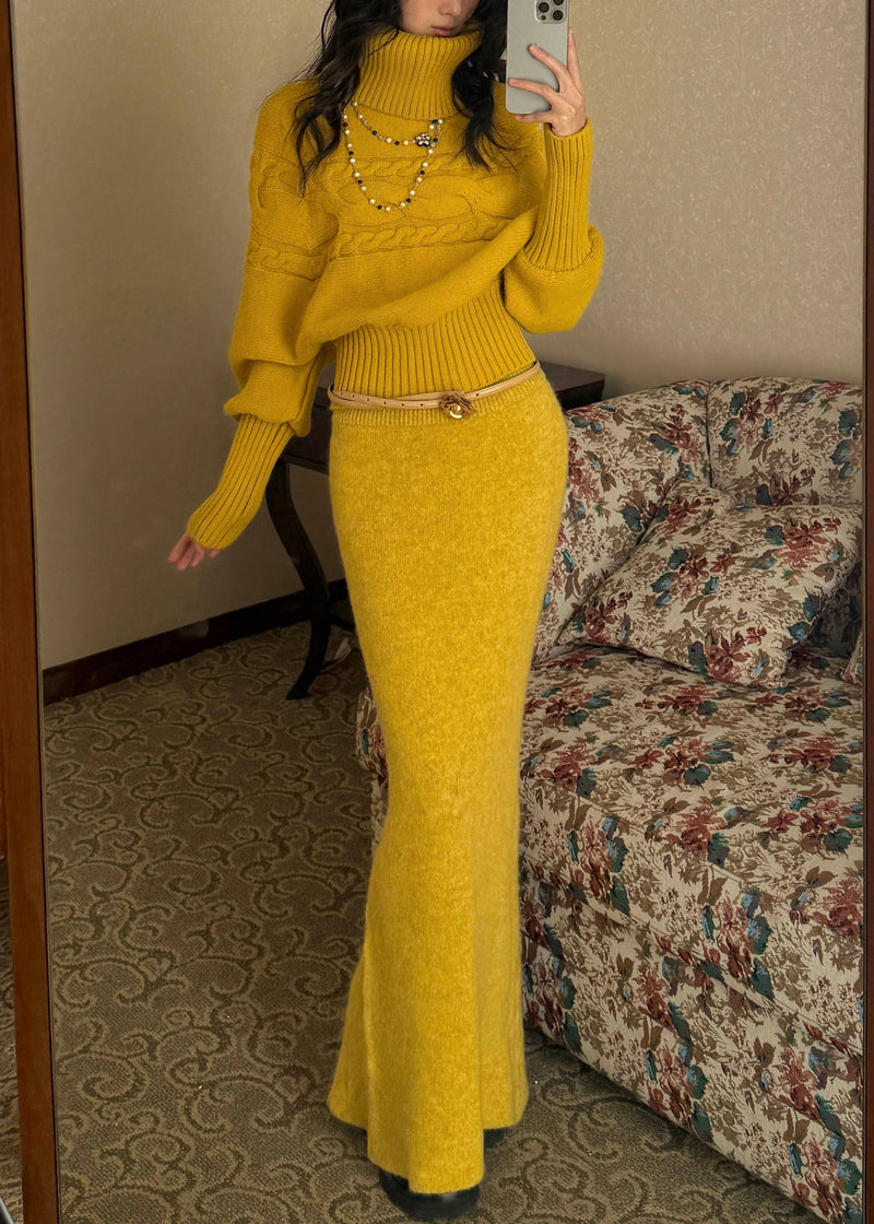 Yellow Turtleneck Patchwork Cotton Knit Sweater and Maxi Skirts Two Piece Set Spring