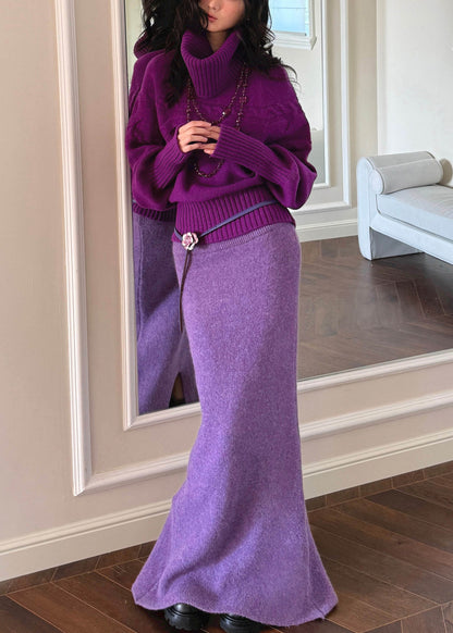Yellow Turtleneck Patchwork Cotton Knit Sweater and Maxi Skirts Two Piece Set Spring