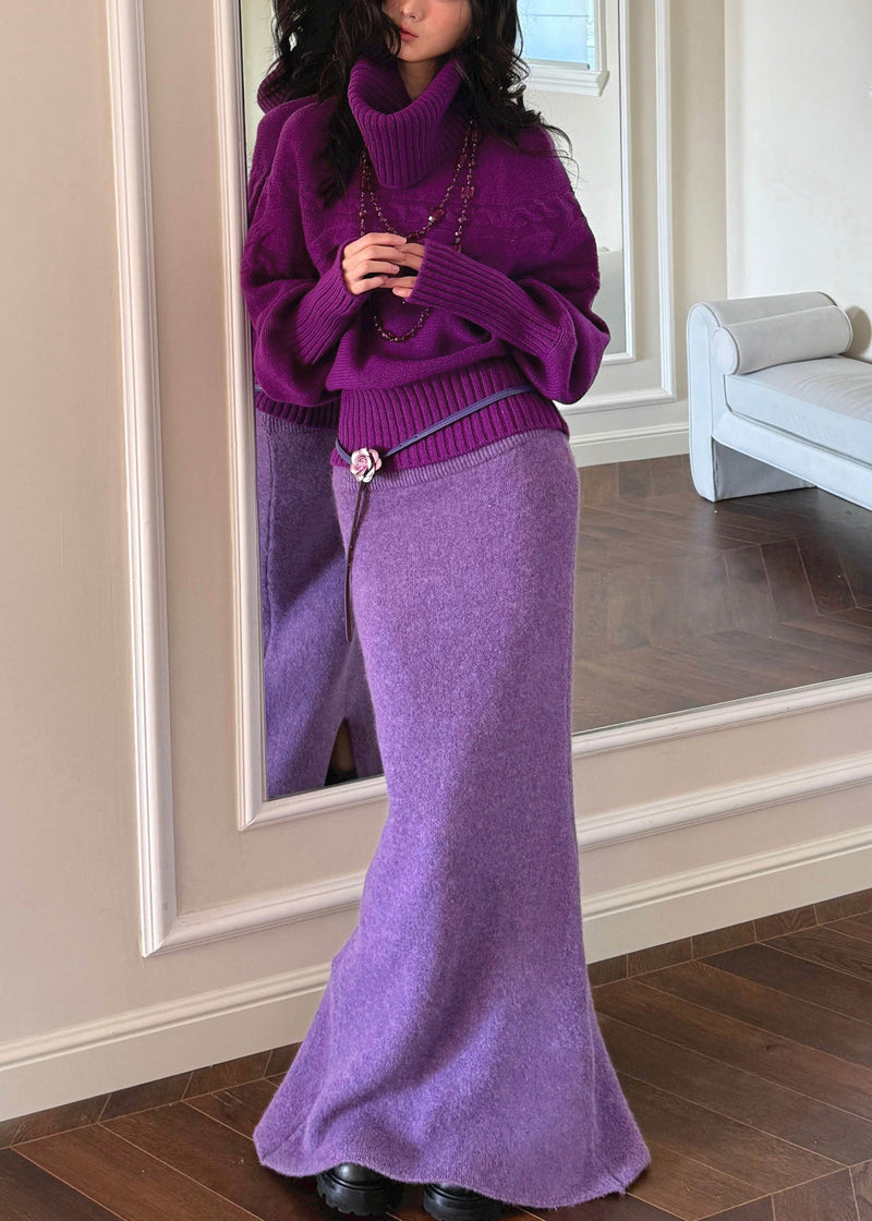 Yellow Turtleneck Patchwork Cotton Knit Sweater and Maxi Skirts Two Piece Set Spring