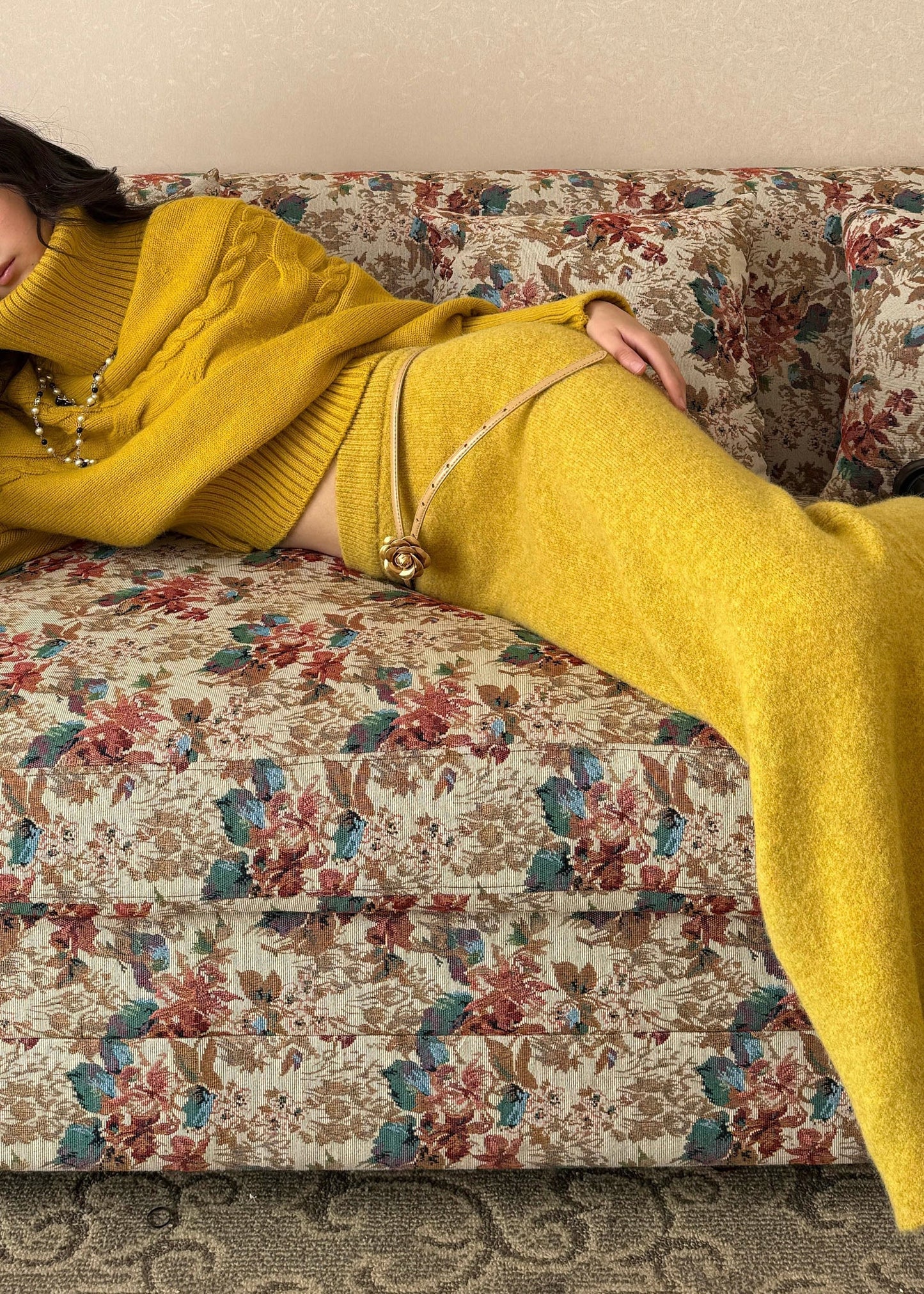 Yellow Turtleneck Patchwork Cotton Knit Sweater and Maxi Skirts Two Piece Set Spring