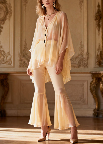 Yellow V Neck Button Patchwork Chiffon Shirts and Flared Trousers Two Pieces Set Spring