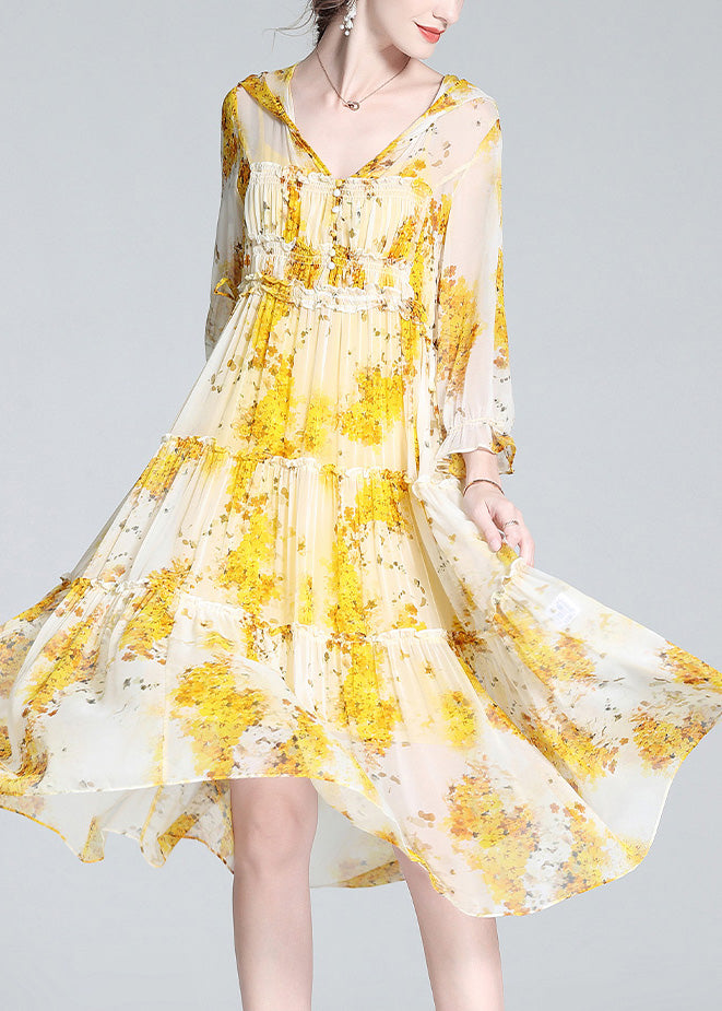 Yellow V Neck Print Patchwork Button Silk Long Dress Spring