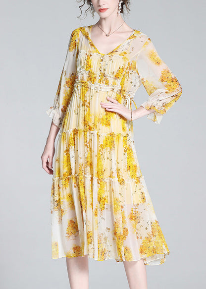 Yellow V Neck Print Patchwork Button Silk Long Dress Spring