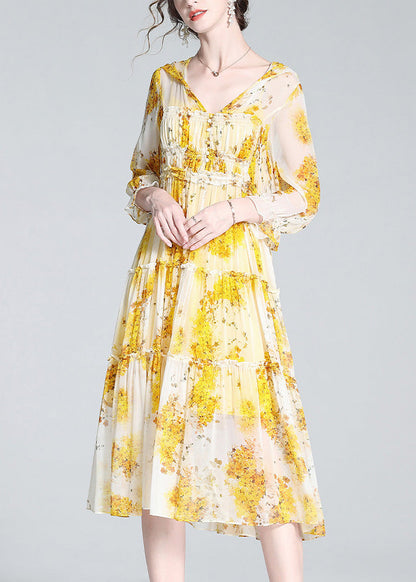 Yellow V Neck Print Patchwork Button Silk Long Dress Spring