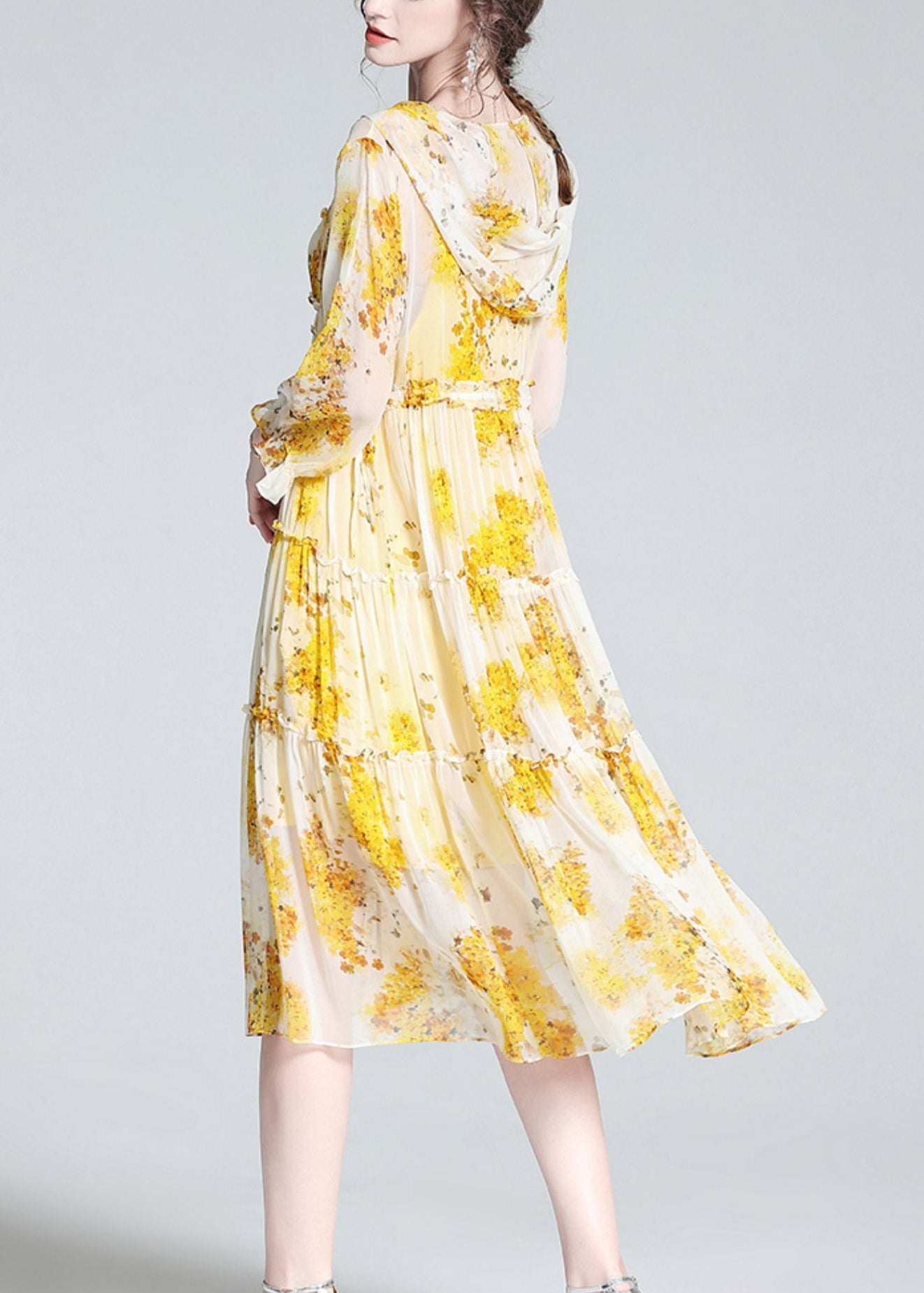 Yellow V Neck Print Patchwork Button Silk Long Dress Spring