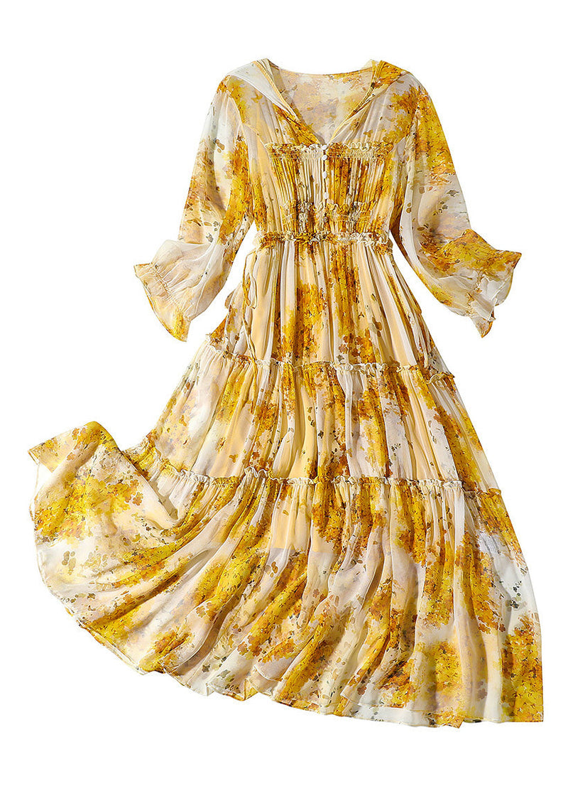 Yellow V Neck Print Patchwork Button Silk Long Dress Spring