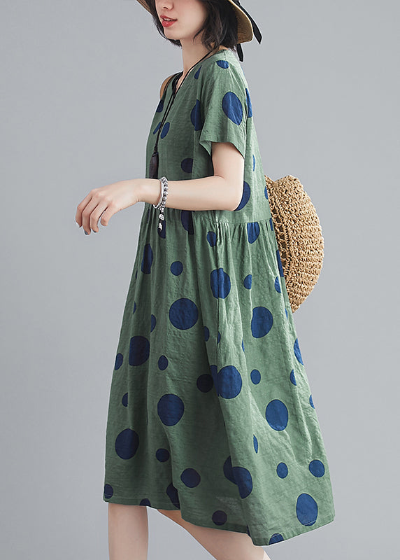 Yellow Wrinkled V Neck Pockets Dot Print Cotton Dresses Short Sleeve