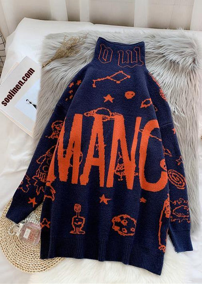 Alphabet Prints Navy Knitwear High Neck Knit Blouse