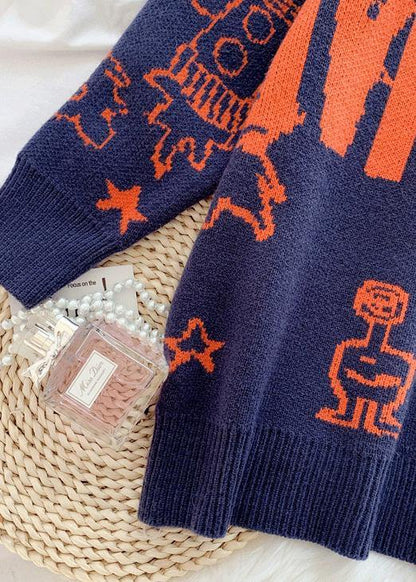 Alphabet Prints Navy Knitwear High Neck Knit Blouse