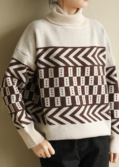Beige Knitted Pullover Patchwork Oversized High Neck Sweaters
