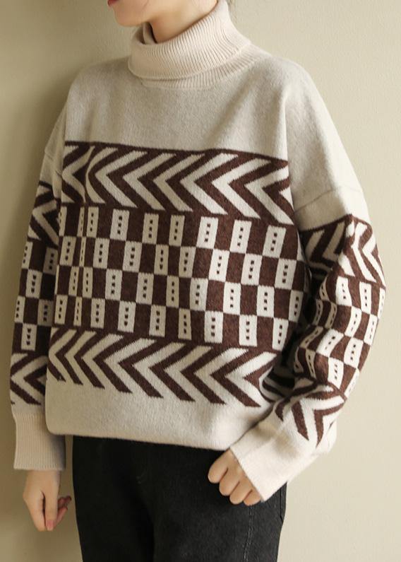 Beige Knitted Pullover Patchwork Oversized High Neck Sweaters