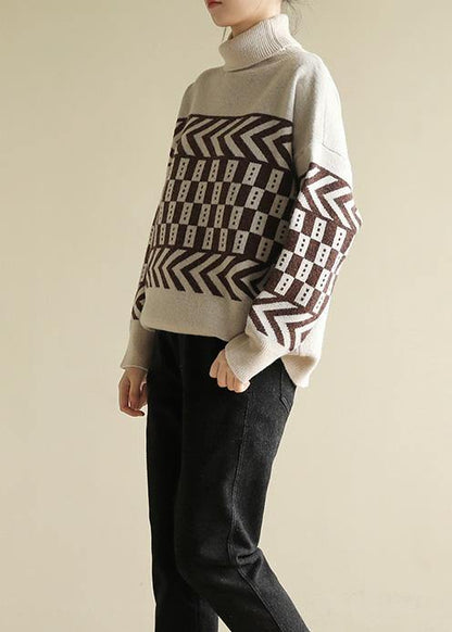 Beige Knitted Pullover Patchwork Oversized High Neck Sweaters