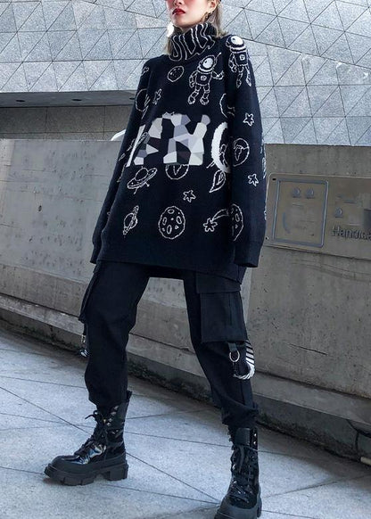 Black Cartoon Print Knitted T Shirt High Neck Knit Sweat Tops
