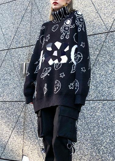Black Cartoon Print Knitted T Shirt High Neck Knit Sweat Tops