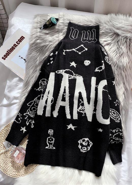 Black Sweater Blouse High Neck Oversized Alphabet Print Knitted Blouse