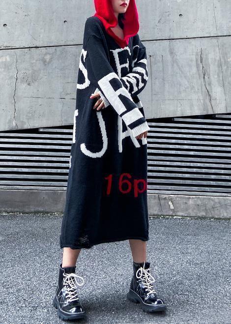 Black Sweater Dress Outfit Upcycle Alphabet Fuzzy Hooded Sweater Dress