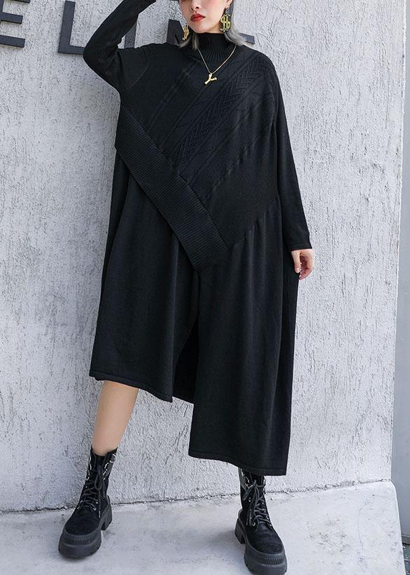 Black Sweater Dress Outfit Side Open Asymmetric Oversized Fall Knit Top