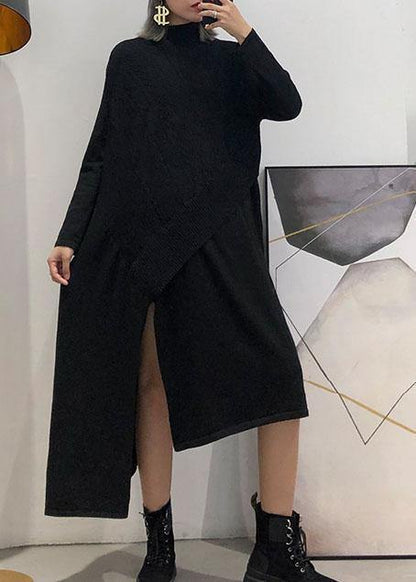 Black Sweater Dress Outfit Side Open Asymmetric Oversized Fall Knit Top