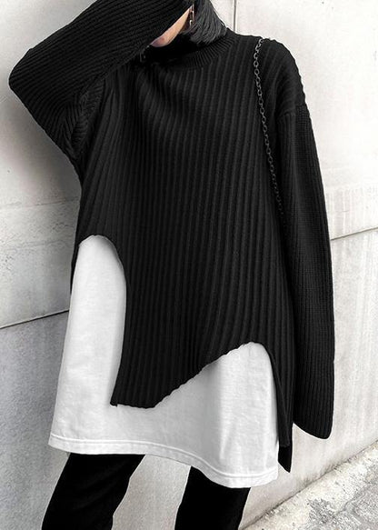 Black Knit Tops O Neck False Two Pieces Oversize Knitted Blouse