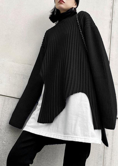 Black Knit Tops O Neck False Two Pieces Oversize Knitted Blouse